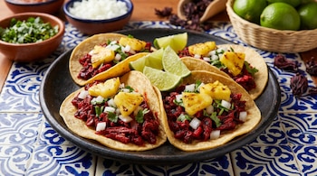 Cinco tacos de pastor con relleno rojo oscuro, piña asada, cebolla blanca y cilantro en un plato negro sobre azulejos azules y blancos. Hay limas y otros ingredientes al fondo.