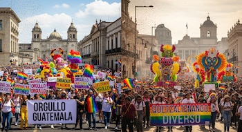 Dos multitudes marchan en calles urbanas, con banderas arcoíris, pancartas y carrozas coloridas. Confeti cae, y edificios históricos se observan al fondo.