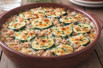 Pastel de calabacín y atún gratinado en fuente ovalada de barro, con capas de calabacín, atún y queso dorado, espolvoreado con perejil fresco. Fondo de madera.