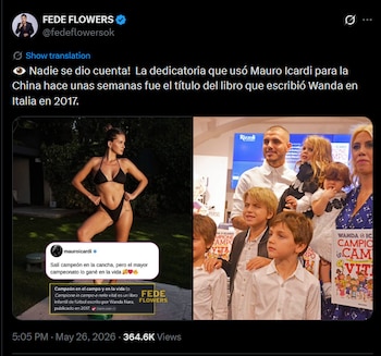Imagen dividida. Izquierda: China Suarez posando en bikini. Derecha: Mauro Icardi, Wanda Nara y sus hijos en un evento de libro. Abajo, texto de tweet