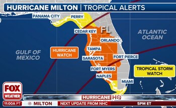 Las áreas en naranja están bajo vigilancia de huracán, desde Cedar Key hasta Fort Myers y Naples, mientras que las zonas en amarillo, como Panama City, se encuentran bajo vigilancia de tormenta tropical. El huracán Milton continúa su avance desde el Golfo de México con riesgo de impactos significativos en toda la costa oeste de Florida. (Captura FoxWeather)