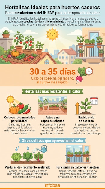 Infografía con título Hortalizas ideales para huertos caseros, texto, gráficos de hortalizas en macetas y jardineras, sol, casas, reloj, calendario, regadera y gotas de agua.