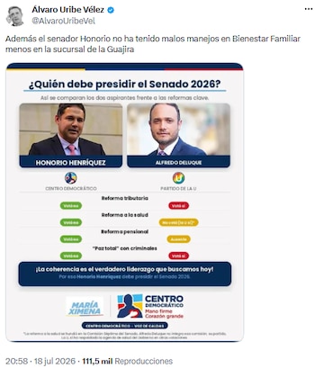 Álvaro Uribe Vélez siguió tirando pullas contra Alfredo Deluque - crédito @AlvaroUribeVel/X
