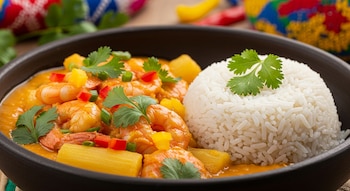 Plato hondo con guiso de camarones amarillo anaranjado, puré de yuca, cilantro, pimientos y arroz blanco, sobre un fondo colorido.