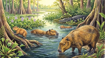 Ilustración de cuatro capibaras y un caimán en un cuerpo de agua rodeado de árboles, raíces y vegetación tropical.