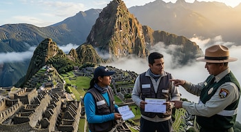 Tres personas interactúan frente a Machu Picchu, dos guías turísticos sostienen boletos, y un guardaparques señala con el dedo el material impreso.