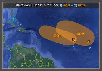 Zonas de baja presión en el Océano Atlántico que tienen potencial para desarrollo ciclónico en los próximos días