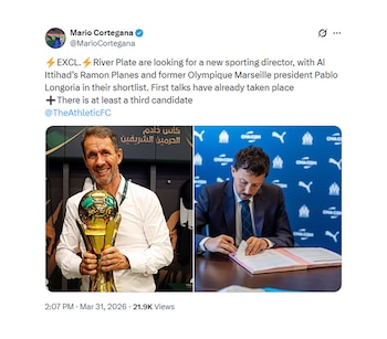 Un posteo de Twitter con dos fotos: a la izquierda, Ramón Planes sonriendo con un trofeo dorado; a la derecha, Pablo Longoria firmando documentos