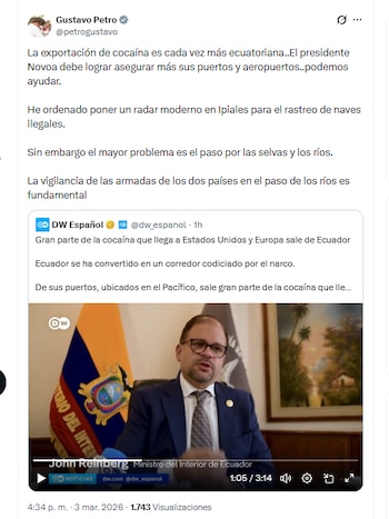 El presidente Gustavo Petro instó a Ecuador a mejorar la seguridad en puertos y aeropuertos por el tráfico de cocaína y otras drogas - crédito @petrogustavo/X