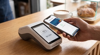 Mano sostiene un celular con pantalla de pago exitoso sobre una terminal POS contactless en un mostrador de madera. Se ven una taza de café y bollos al fondo.