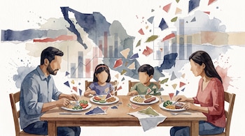 Ilustración en acuarela de cuatro personas comiendo en una mesa, con un mapa de México y gráficas de barras en el fondo.
