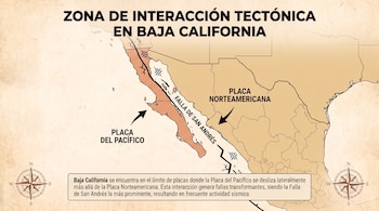 Mapa geográfico de Baja California con la Placa del Pacífico, la Placa Norteamericana y la Falla de San Andrés, incluye texto explicativo y brújulas.