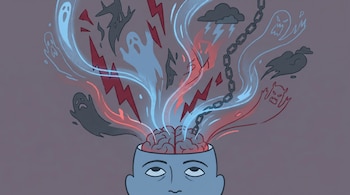 Ilustración plana de una cabeza abierta mostrando el cerebro. Del cerebro emergen destellos luminosos, fantasmas, relámpagos, una nube con rayos y una cadena.