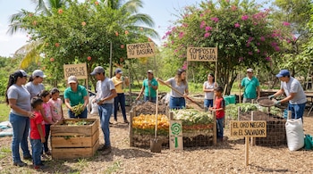 Un grupo de adultos y niños participa en un taller de compostaje al aire libre, con pilas de compostaje, desechos orgánicos y letreros educativos en español.