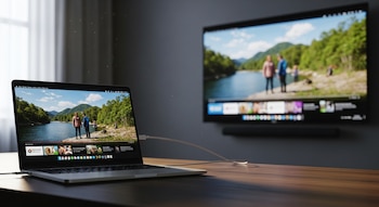 Laptop abierta en escritorio de madera mostrando un video de un paisaje con río. Detrás, un Smart TV montado en pared gris reproduce el mismo video.