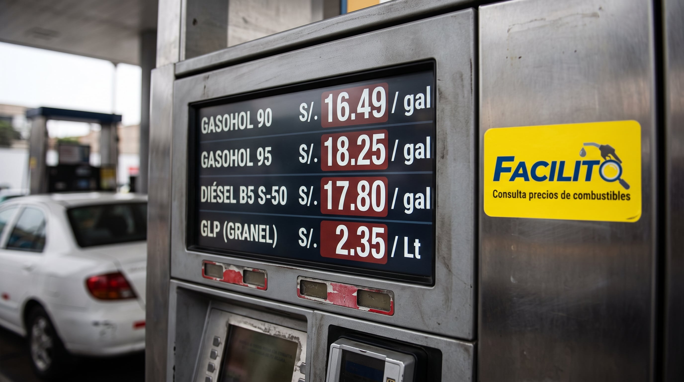 Un surtidor de combustible en Lima exhibe las tarifas de gasohol, diésel y gas licuado junto al logotipo del sistema de consulta Facilito. (Imagen Ilustrativa Infobae)