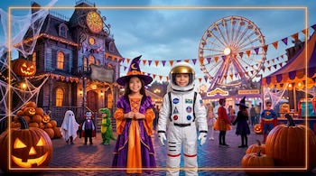 Niños disfrazados de bruja y astronauta en un parque con calabazas iluminadas, una casa decorada y una noria al fondo
