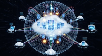 Una representación digital de computación en la nube con un centro de datos central, servidores y diversos dispositivos electrónicos conectados.