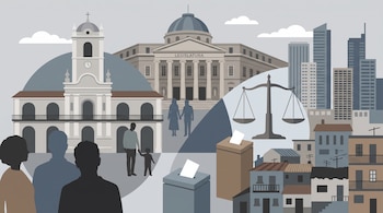 Ilustración de edificios históricos, edificios modernos, figuras humanas, una balanza de justicia y urnas electorales.