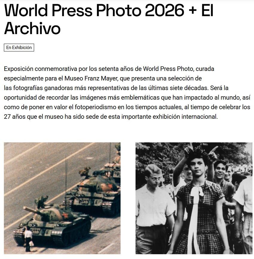 Una exposición conmemora los 70 años de World Press Photo y presenta imágenes icónicas como la del Hombre del Tanque en la Plaza de Tiananmén, un evento histórico. (World Press Photo/Museo Franz Mayer)