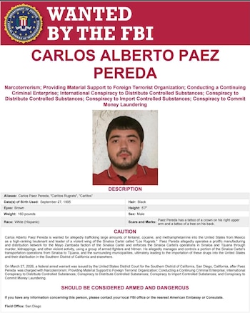 Carlos Alberto Páez Pereda, alias "Carlitos Rugrats", del Cártel de Sinaloa. (FBI)