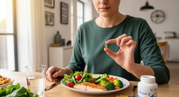 Vista frontal de una mujer sentada en una mesa de madera, sosteniendo una cápsula amarilla de omega-3 entre sus dedos, junto a un plato de salmón y vegetales.