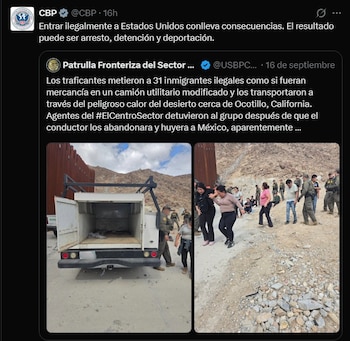 Los 31 migrantes fueron encontrados por agentes del Sector El Centro después de que el conductor huyera hacia México. (X @CBP)