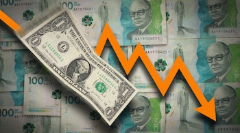 Primer plano de un billete de un dólar estadounidense en caída, superpuesto a una base de billetes de cien mil pesos colombianos, con una gráfica naranja descendente.