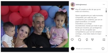 Pantalla de Instagram con una publicación de Belén Giménez que incluye una foto familiar de un hombre, una mujer y dos niños, con globos de colores al fondo y texto