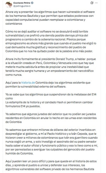 Gustavo Petro difundió un informe técnico sobre presuntas vulnerabilidades del sistema electoral y aseguró que estas no pudieron ser auditadas oportunamente - crédito @petrogustavo/X