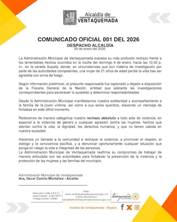 Alcaldía de Ventaquemada rechazó feminicidio