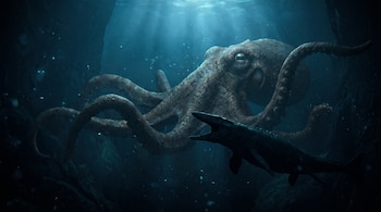 Un pulpo gigante emerge de la oscuridad submarina, con un mosasaurio de boca abierta en primer plano. Luz azul tenue se filtra desde la superficie.
