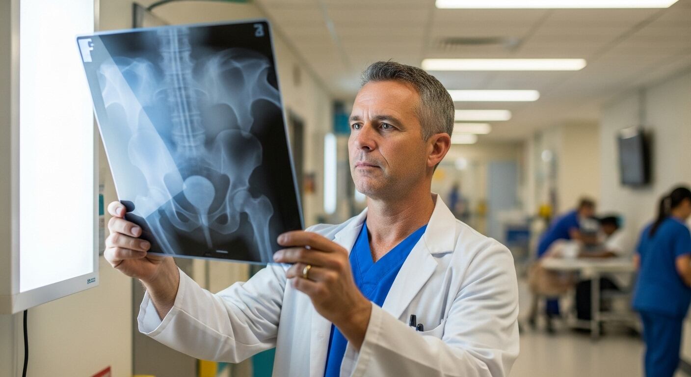 Un médico examina detenidamente una radiografía de cadera en un entorno hospitalario, destacando la importancia del diagnóstico por imagen en la atención médica actual. Al fondo, se observa al personal de salud trabajando, reflejando la actividad y profesionalismo en el hospital. (Imagen Ilustrativa Infobae)