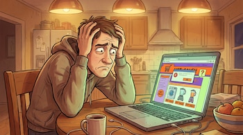 Ilustración de un hombre preocupado con las manos en la cabeza, frente a una laptop con un sitio web de "Hot Sale" de electrodomésticos sospechoso y un error.