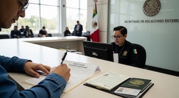 Hombre rellena solicitud de pasaporte mexicano. En la mesa: pasaporte verde, documentos y bolígrafo. Una funcionaria atiende detrás, con la bandera de México.
