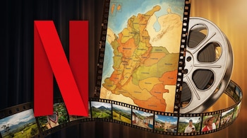 Logo rojo de Netflix, un mapa político de Colombia y un carrete de cine con una tira de película que muestra paisajes verdes y retratos de personas colombianas.