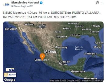 Sismo de 4.0 en Puerto Vallarta, Jalisco este 21 de julio de 2026. (X/ @SismologicoMX)