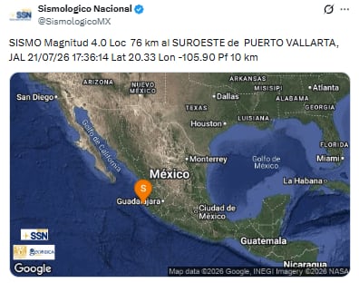 Sismo de 4.0 en Puerto Vallarta, Jalisco este 21 de julio de 2026. (X/ @SismologicoMX)