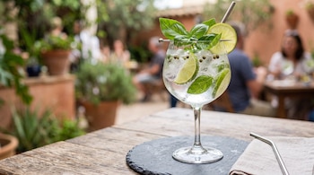 Copa con hielo, rodajas de lima, hojas de albahaca y una pajita metálica sobre una mesa de madera, con comensales y plantas de fondo.