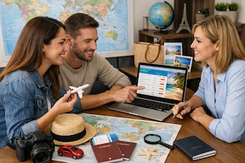Tres personas sentadas a una mesa con un ordenador portátil, un mapa mundi, un avión de juguete, pasaportes, una cámara fotográfica y un sombrero.