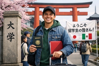 Un joven sonriente con gorra negra, chaqueta vaquera y sudadera verde, sostiene un pasaporte mexicano y un archivador rojo, con un torii, cerezos y un cartel japonés de fondo.