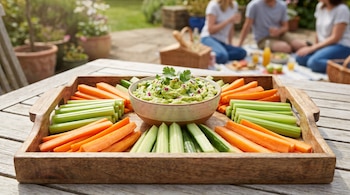 Vista cercana de una bandeja de madera con bastones de zanahoria, apio y pepino, rodeando un tazón de guacamole. Personas sentadas al fondo desenfocadas.
