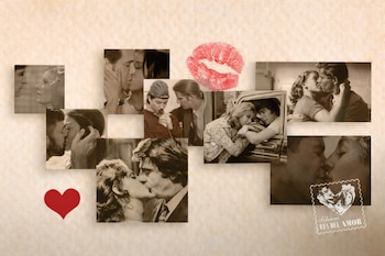 Un collage de parejas besándose