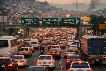 Una vista de una autopista con tráfico denso de coches, camiones y un autobús al anochecer. Las luces traseras iluminan la calzada y hay señales de tráfico.
