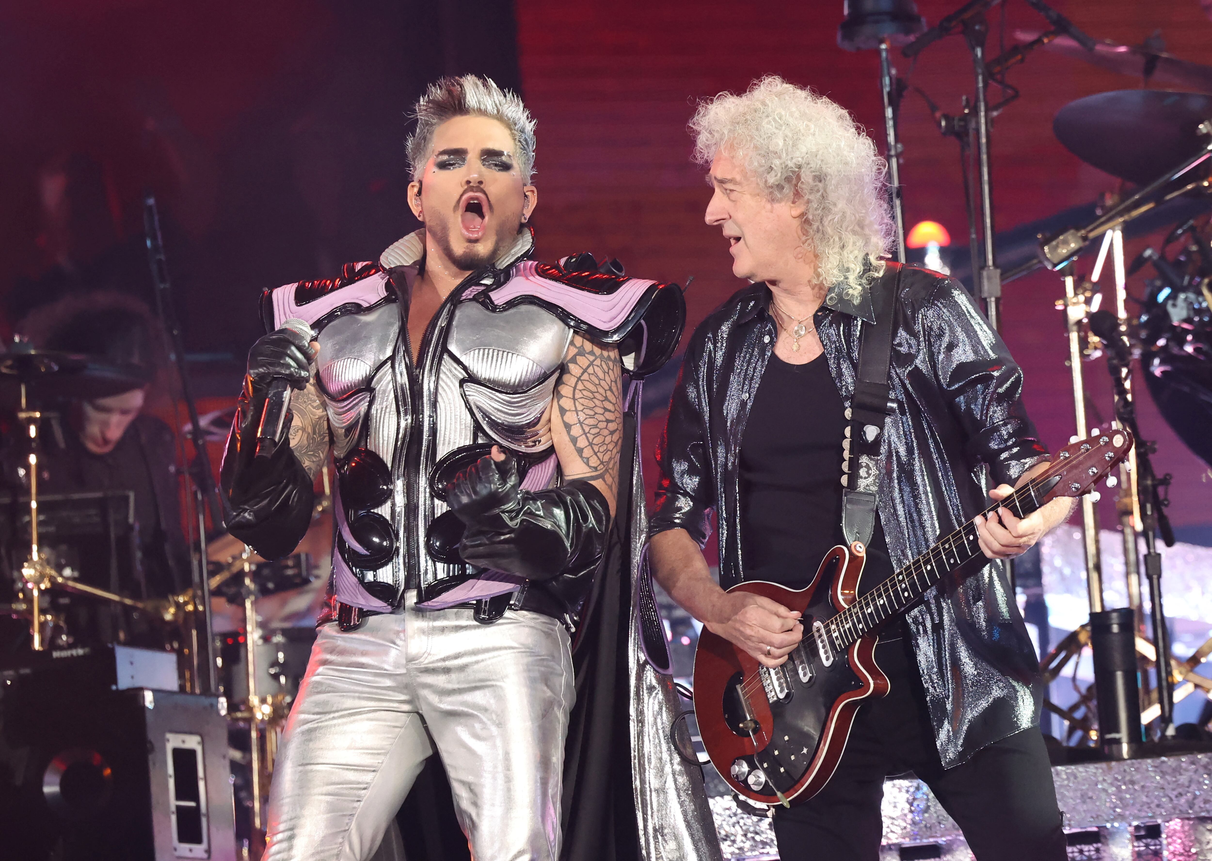 Brian May of Queen and Adam Lambert perform during The Rhapsody Tour at BMO Stadium in Los Angeles, California, U.S., November 12, 2023. REUTERS/Mario Anzuoni