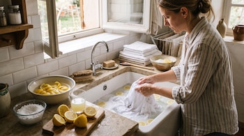 Una mujer lava una prenda blanca en un fregadero con agua y limones, junto a recipientes con sal y limones cortados sobre la encimera.