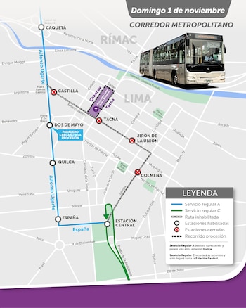 Mapa de calles con rutas de transporte público, estaciones marcadas, una leyenda explicativa y la fotografía de un autobús del Metropolitano