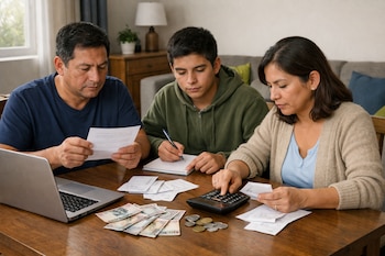 Un hombre, un adolescente y una mujer sentados en una mesa. Sobre la mesa hay una laptop, billetes de soles, monedas, recibos y una calculadora.