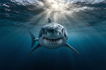 Primer plano de un tiburón blanco con la boca abierta mostrando sus dientes y branquias, nadando bajo la superficie del océano con rayos de sol filtrándose