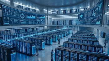 Vista interior de un vasto centro de datos con filas de servidores iluminados en azul, grandes pantallas curvas con gráficos de datos en tiempo real y varias personas trabajando.